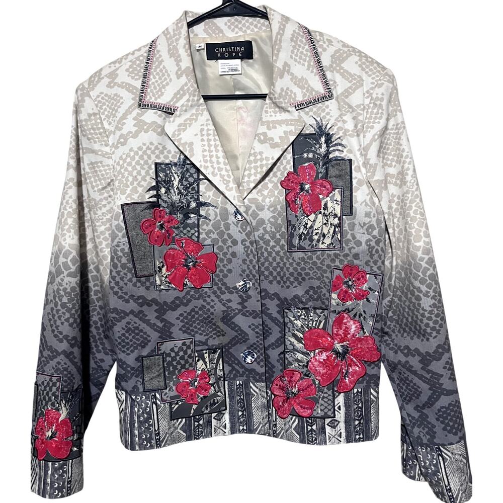 Christina Hope sz M Jacket Blazer Hibiscus Floral Wood Buttons VTG